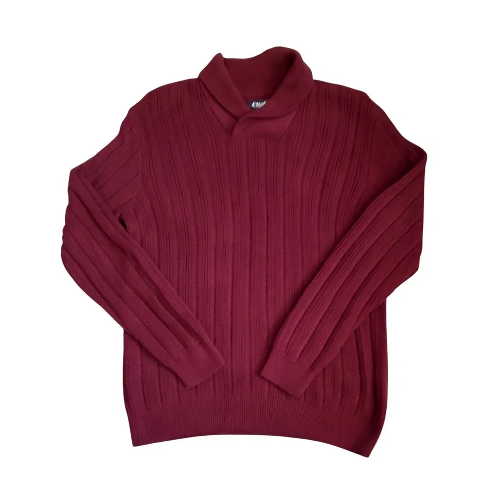 Chaps Mens Shawl Collar Cable Knit Cotton Sweater Burgundy Red Large RN41381